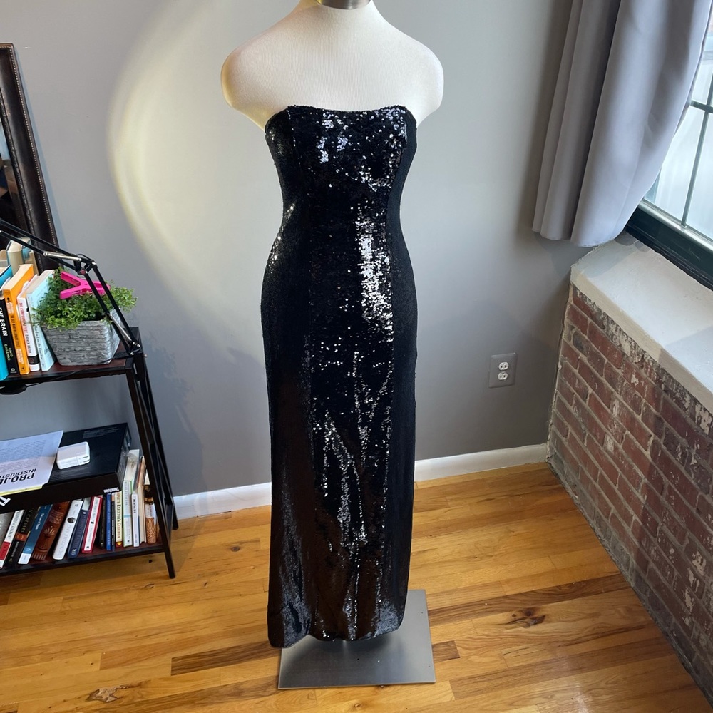 New Aidan Mattox Black Strapless Sequin Gown Dress, Size 4